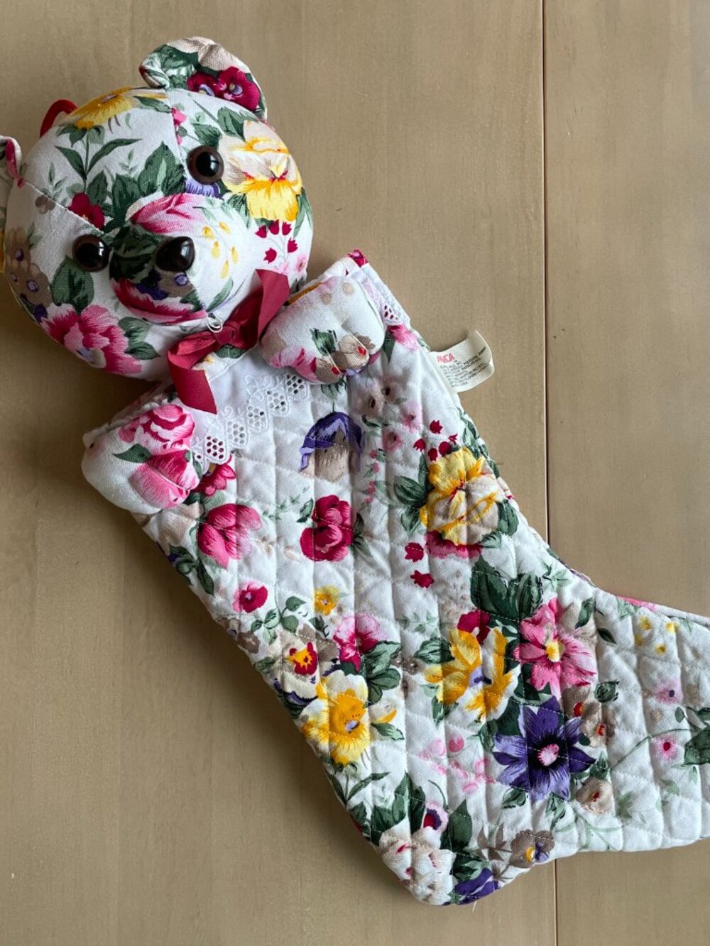 Entire Closet $5! VTG Milaca Mills Floral Quilted Teddy Bear Christmas Stocking - Picture 2 of 10